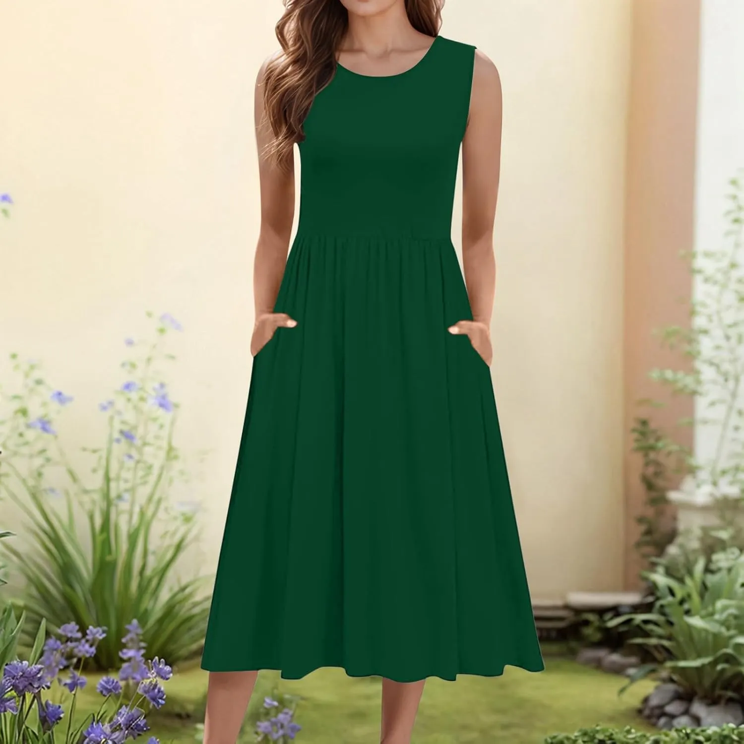 Spring Dresses for Women Tank Midi Dress Sleeveless A-Line Casual Floral T-Shirt Flowy Beach Sundress with Pockets