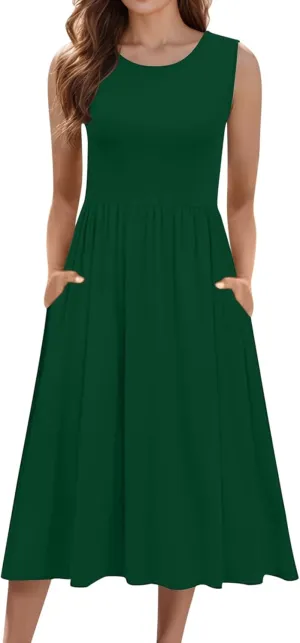 Spring Dresses for Women Tank Midi Dress Sleeveless A-Line Casual Floral T-Shirt Flowy Beach Sundress with Pockets