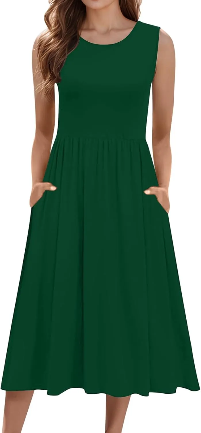 Spring Dresses for Women Tank Midi Dress Sleeveless A-Line Casual Floral T-Shirt Flowy Beach Sundress with Pockets
