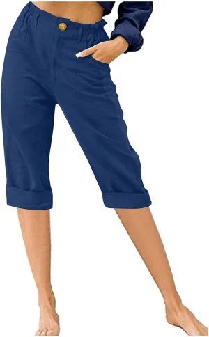 Stessotudo Capris for Women Summer Casual Elastic High Waist Linen Pants with Pockets Wide Cropped Leg Loose Trousers 2023