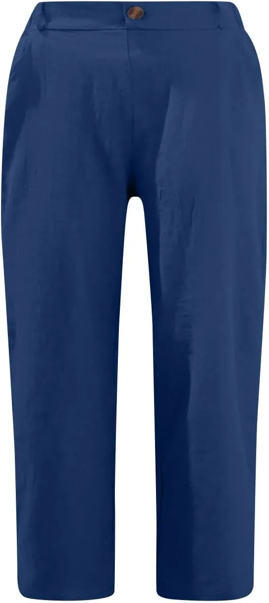 Stessotudo Capris for Women Summer Casual Elastic High Waist Linen Pants with Pockets Wide Cropped Leg Loose Trousers 2023