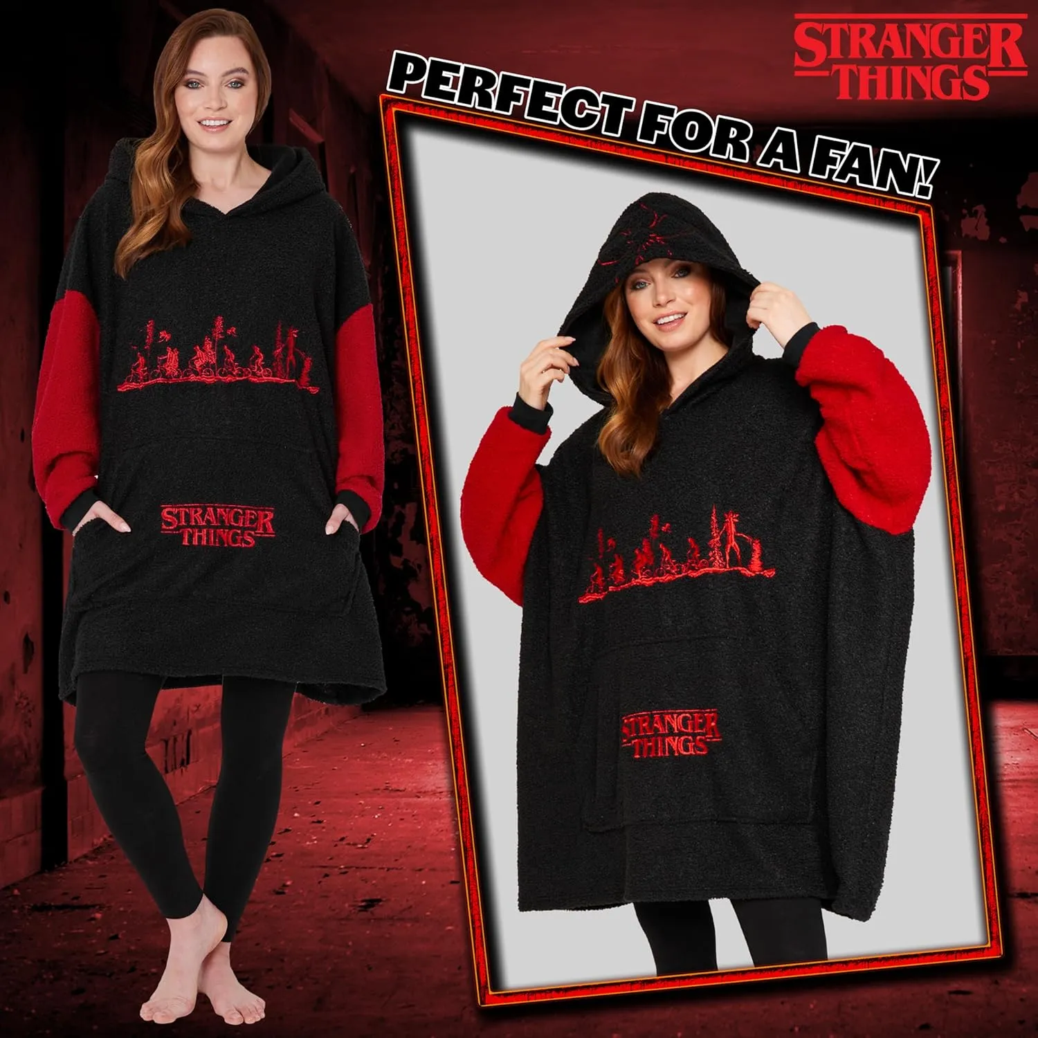 Stranger Things Blanket Hoodie for Adults and Teenagers - Cosy Oversized Fleece Hoodie One Size Sherpa Hood - Gifts for Her