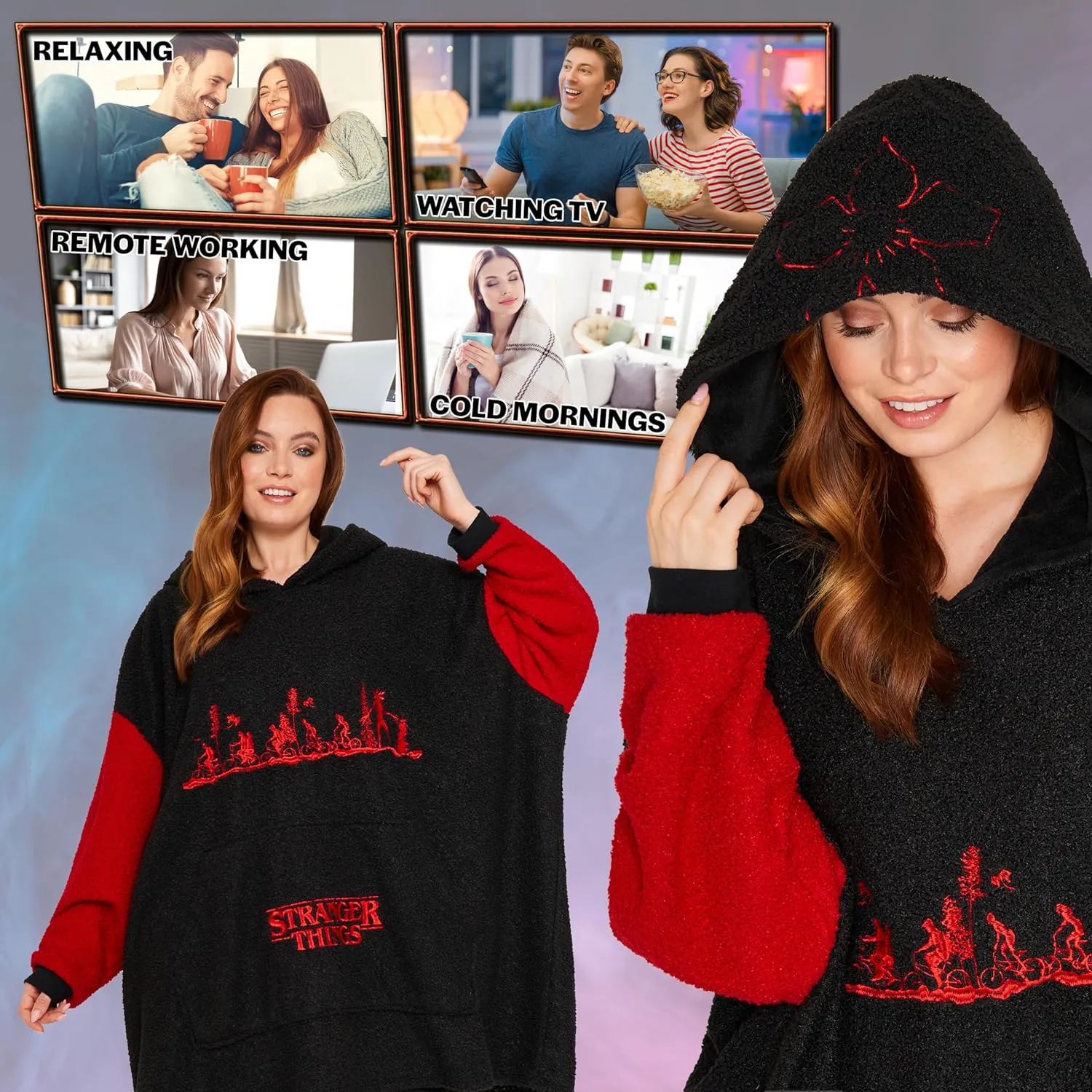 Stranger Things Blanket Hoodie for Adults and Teenagers - Cosy Oversized Fleece Hoodie One Size Sherpa Hood - Gifts for Her
