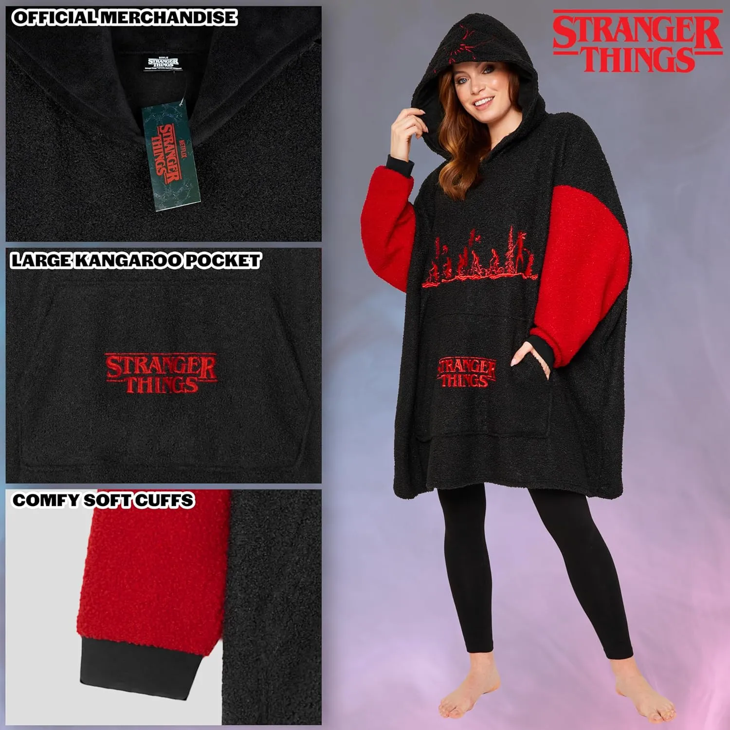 Stranger Things Blanket Hoodie for Adults and Teenagers - Cosy Oversized Fleece Hoodie One Size Sherpa Hood - Gifts for Her
