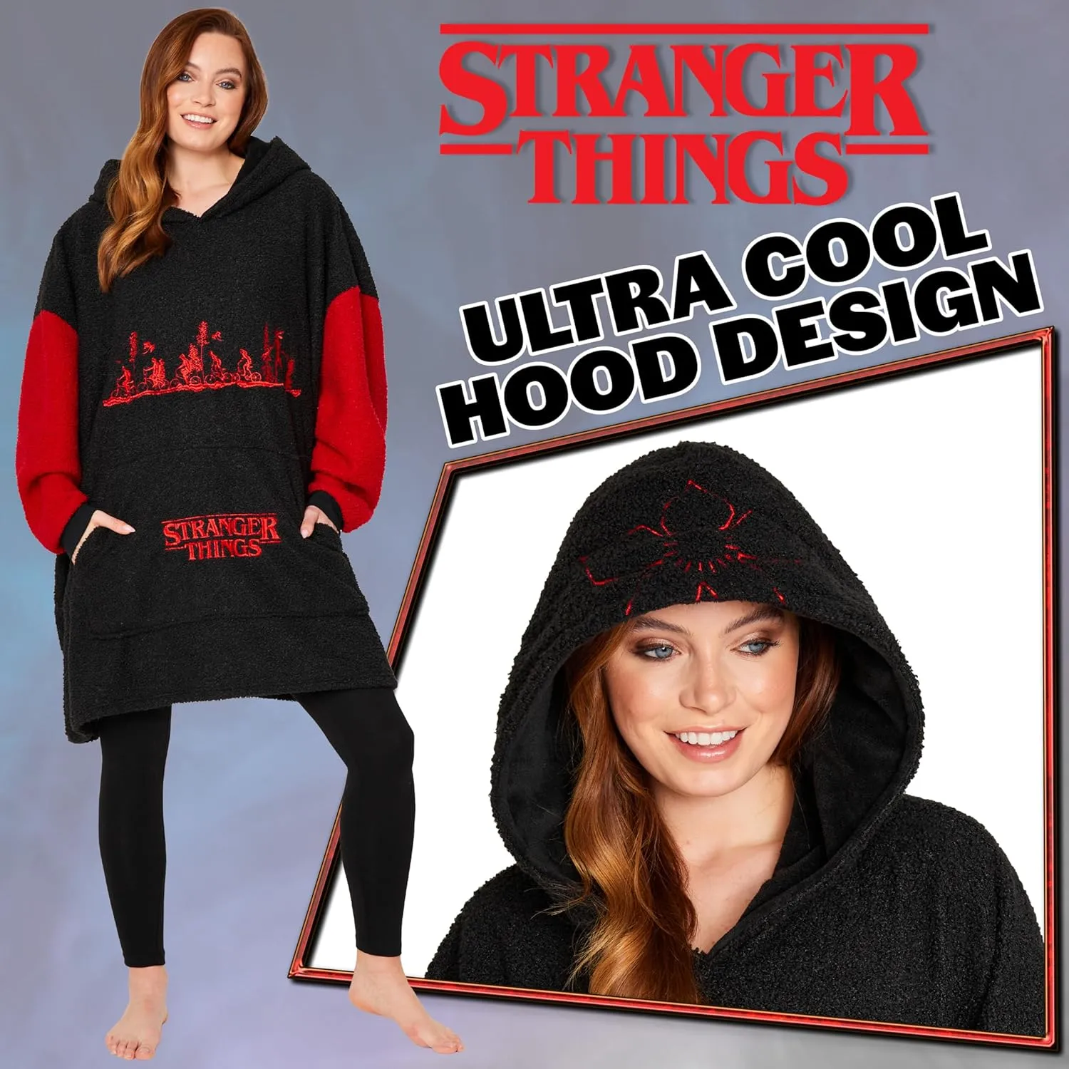 Stranger Things Blanket Hoodie for Adults and Teenagers - Cosy Oversized Fleece Hoodie One Size Sherpa Hood - Gifts for Her