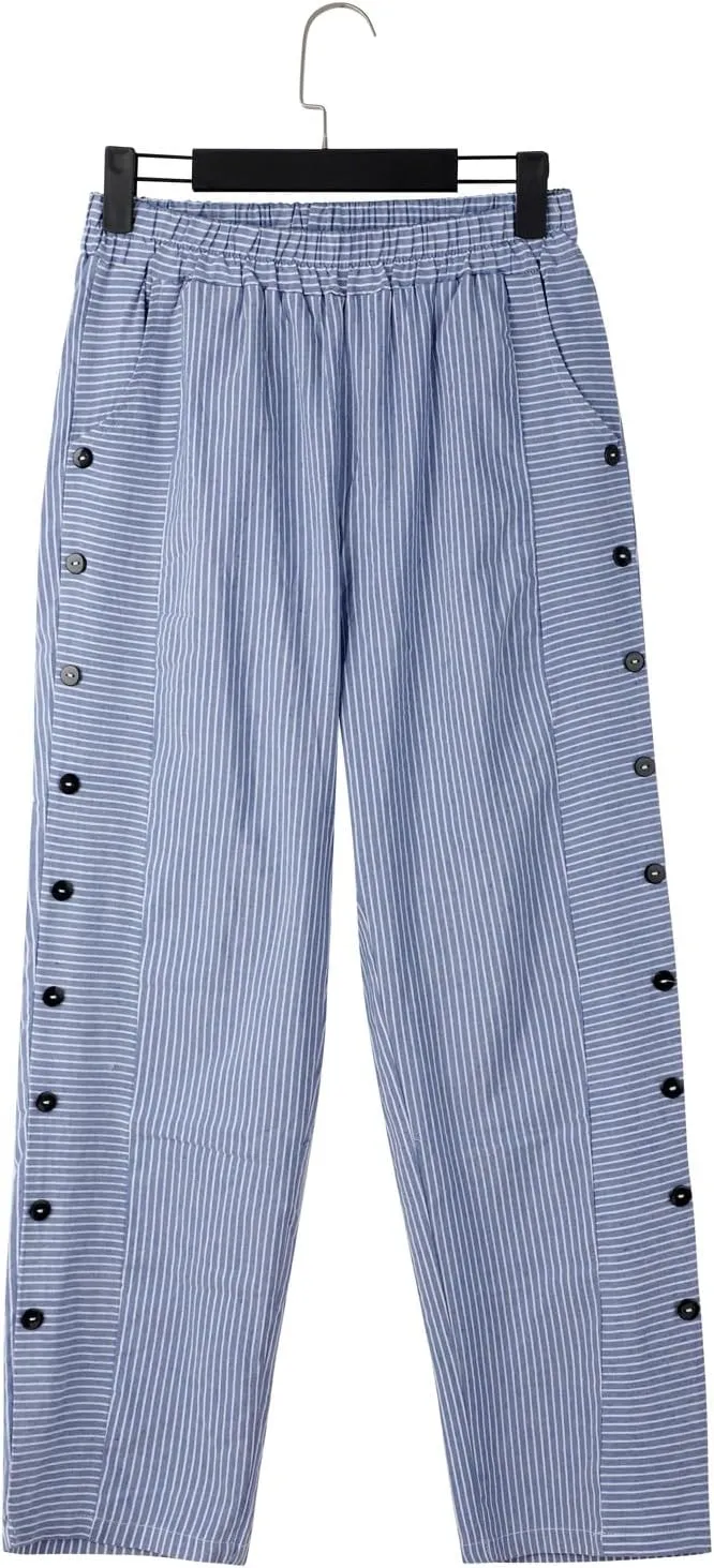 Striped Linen Pants for Women 2025, Trendy Spring Summer Casual Pants High Waist Straight Leg Trousers with Pockets