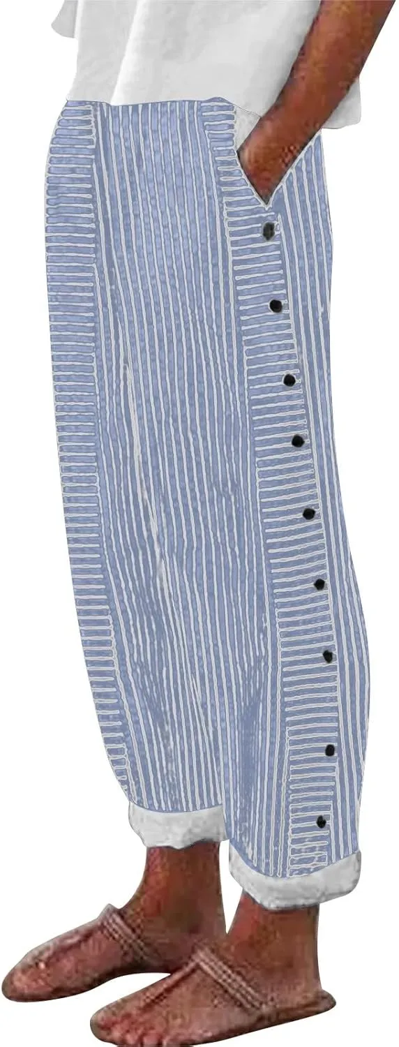 Striped Linen Pants for Women 2025, Trendy Spring Summer Casual Pants High Waist Straight Leg Trousers with Pockets
