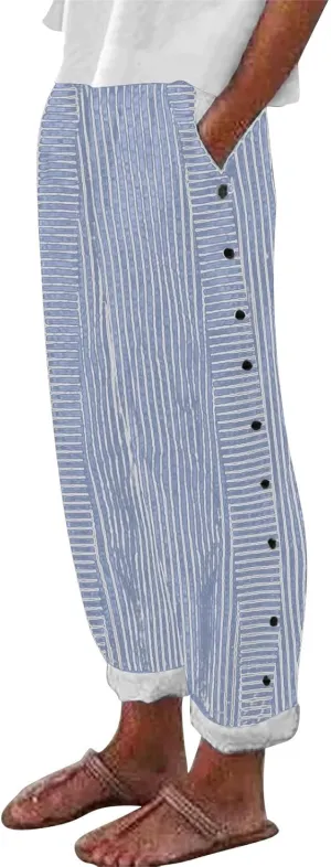 Striped Linen Pants for Women 2025, Trendy Spring Summer Casual Pants High Waist Straight Leg Trousers with Pockets