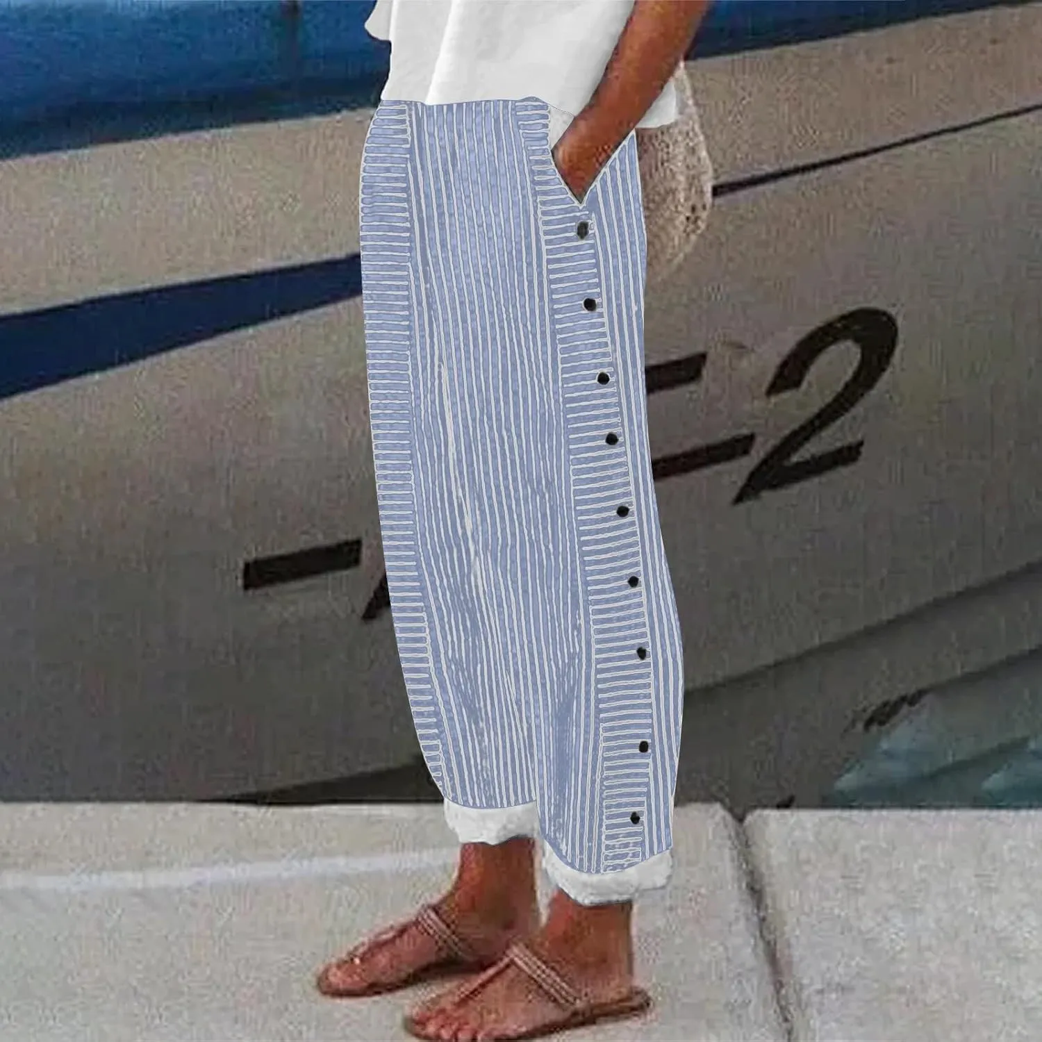 Striped Linen Pants for Women 2025, Trendy Spring Summer Casual Pants High Waist Straight Leg Trousers with Pockets