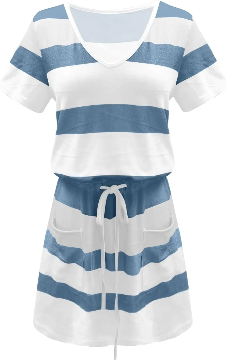 Summer Dresses for Women 2024 Vacation Casual Short Sleeve v Neck Drawstring Mini Dress Striped Tshirt Dress
