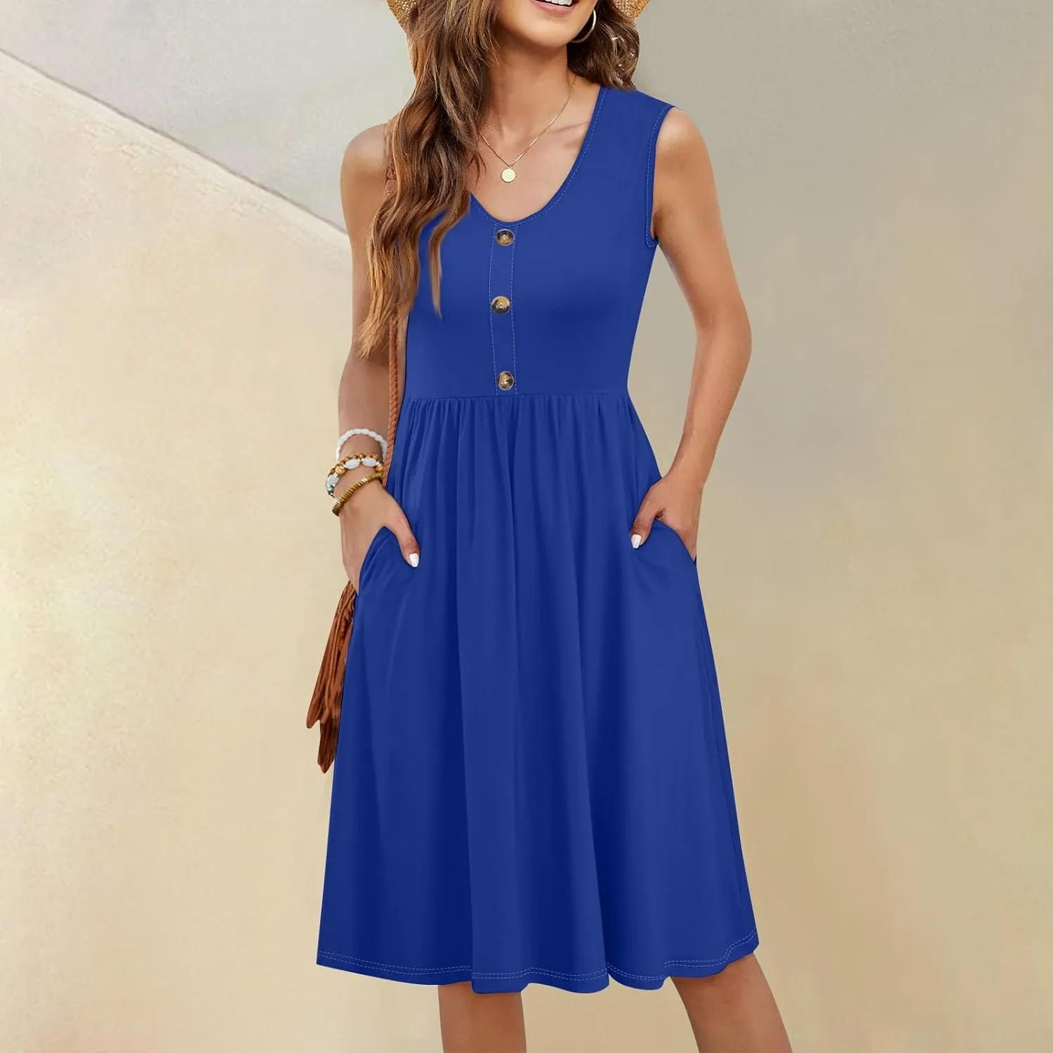 Summer Dresses for Women Loose Sundresses printedCasual Tshirt Tank Dresses Beach Sleeveless Mini Dress with Pockets
