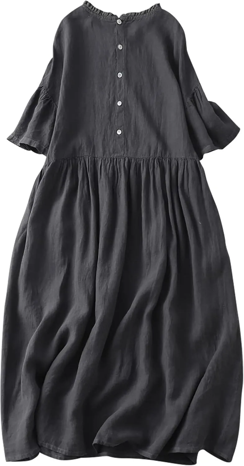 Summer Fashion Cotton Linen Shirt Dresses Women Short Sleeve Button Down High Waist Slim Long Dress Casual Maxi Dress