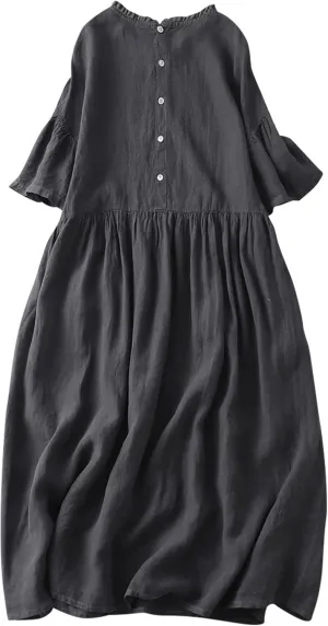 Summer Fashion Cotton Linen Shirt Dresses Women Short Sleeve Button Down High Waist Slim Long Dress Casual Maxi Dress