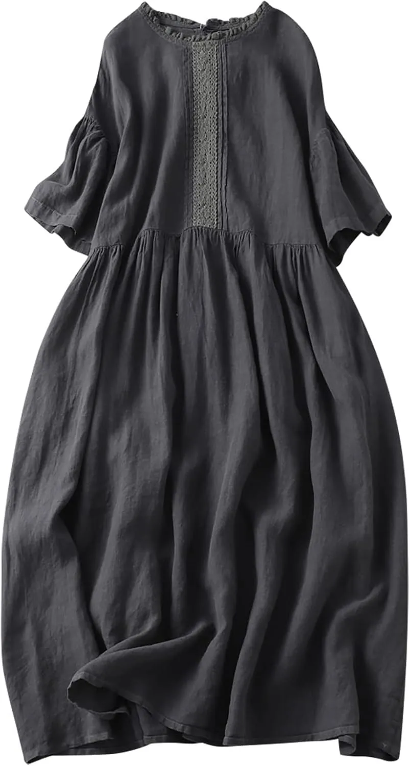Summer Fashion Cotton Linen Shirt Dresses Women Short Sleeve Button Down High Waist Slim Long Dress Casual Maxi Dress