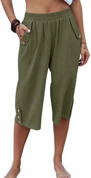 Summer Linen Cropped Trousers for Women Elastic Waist Button Fly Comfy Solid Color Capri Pants Quick Dry Running Sweatpants