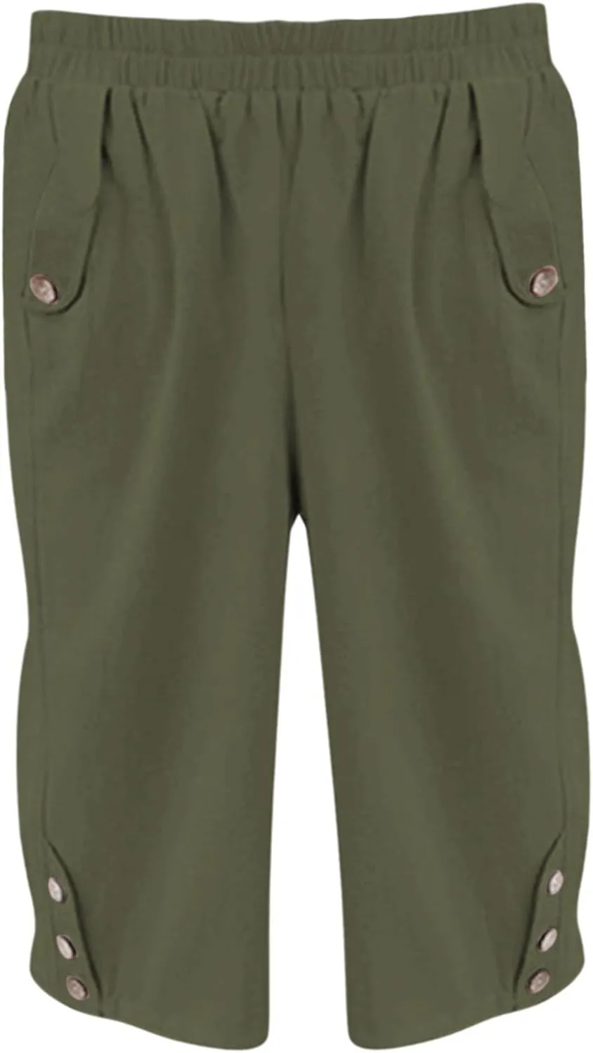 Summer Linen Cropped Trousers for Women Elastic Waist Button Fly Comfy Solid Color Capri Pants Quick Dry Running Sweatpants