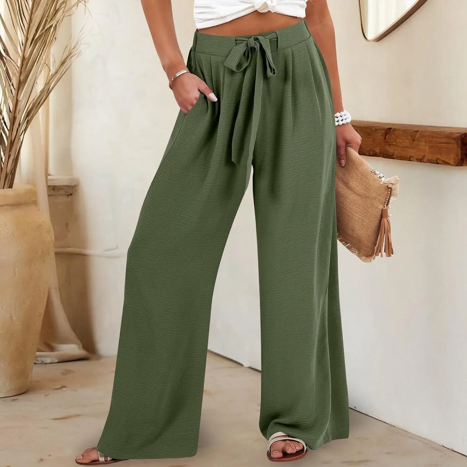Summer Linen Pants for Women 2025 High Waisted Wide Leg Palazzo Pants Casual Loose Flowy Beach Trousers with Pockets