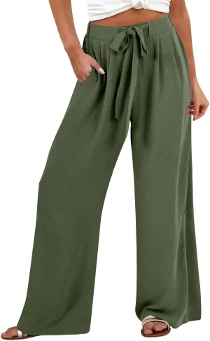 Summer Linen Pants for Women 2025 High Waisted Wide Leg Palazzo Pants Casual Loose Flowy Beach Trousers with Pockets