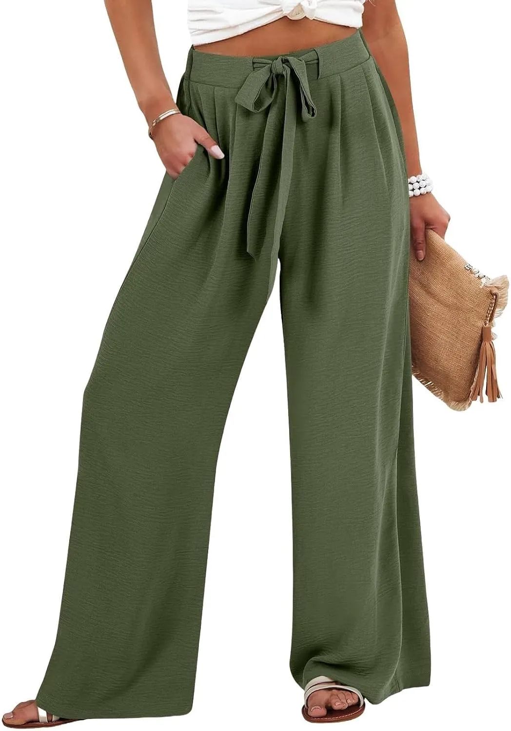 Summer Linen Pants for Women 2025 High Waisted Wide Leg Palazzo Pants Casual Loose Flowy Beach Trousers with Pockets