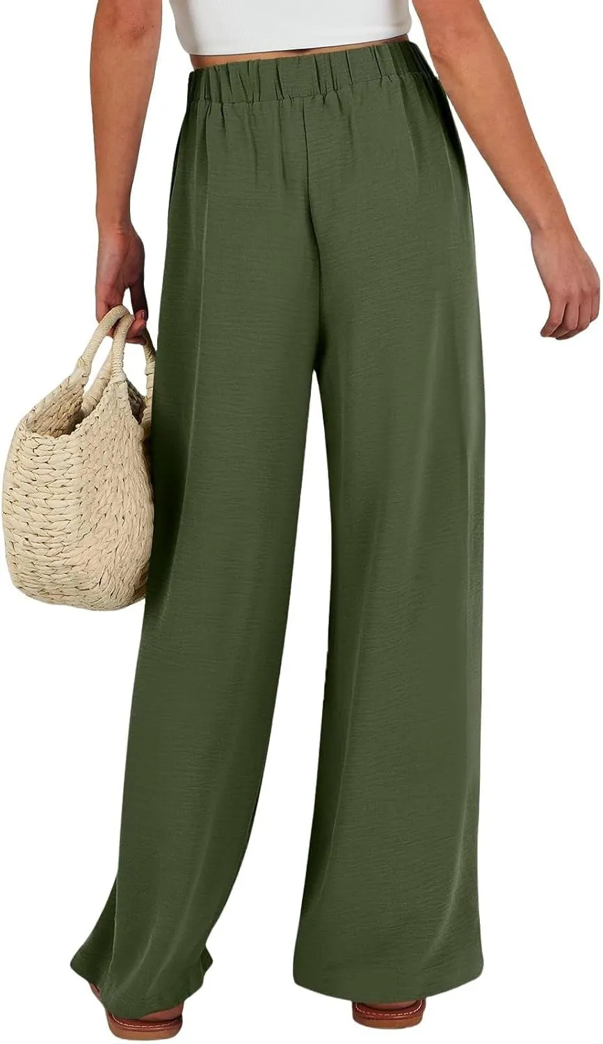 Summer Linen Pants for Women 2025 High Waisted Wide Leg Palazzo Pants Casual Loose Flowy Beach Trousers with Pockets