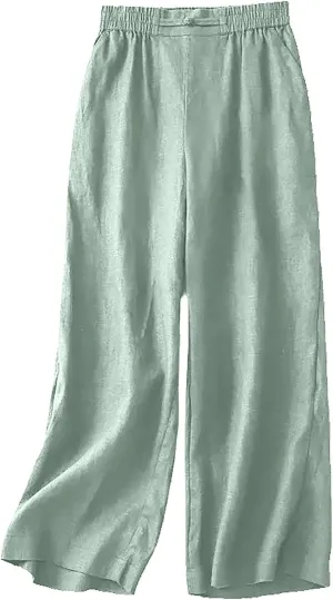 Summer Linen Pants for Women Casual Boho Palazzo Trousers Drawstring Waist Wide Leg Lightweight Summer Beach Outfit