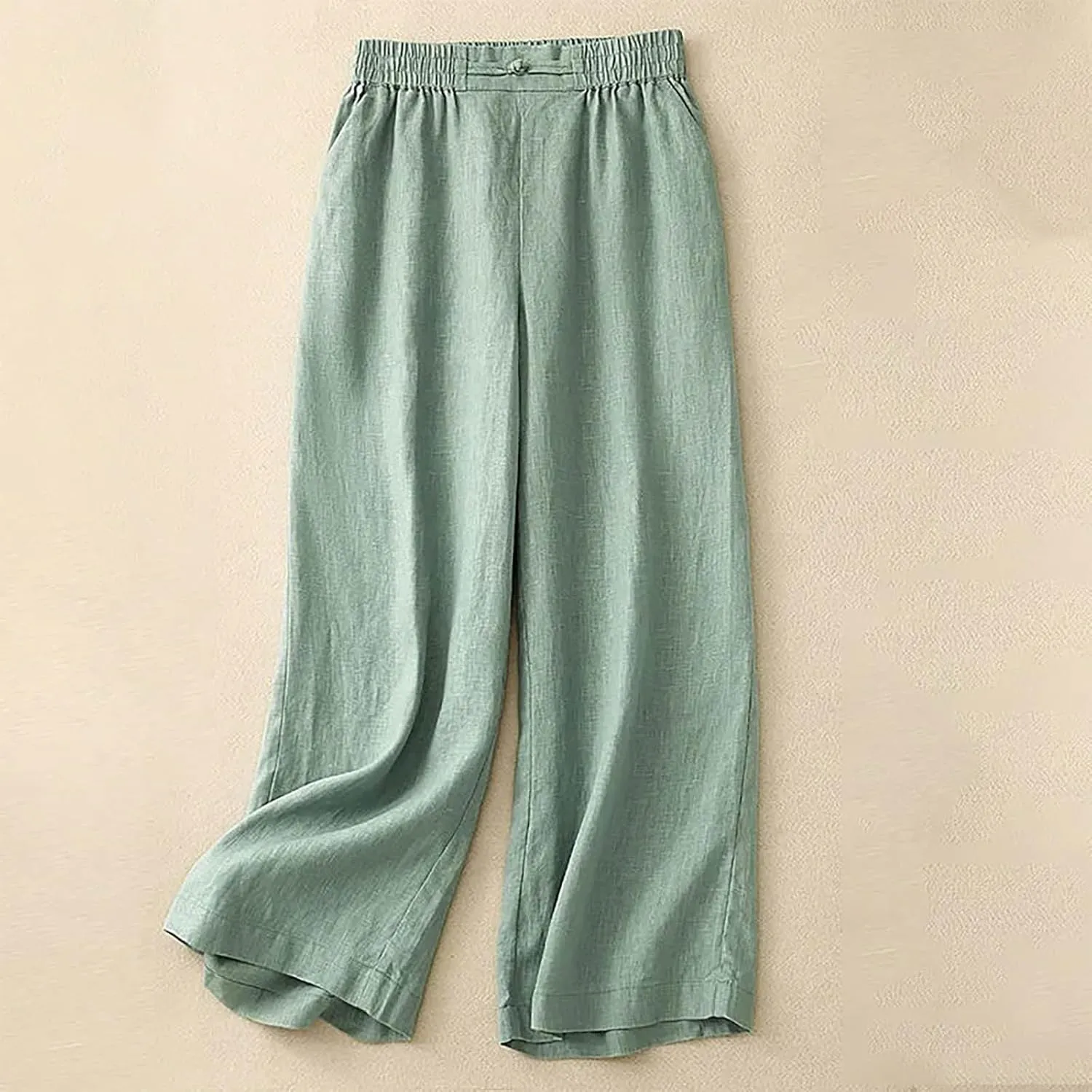 Summer Linen Pants for Women Casual Boho Palazzo Trousers Drawstring Waist Wide Leg Lightweight Summer Beach Outfit