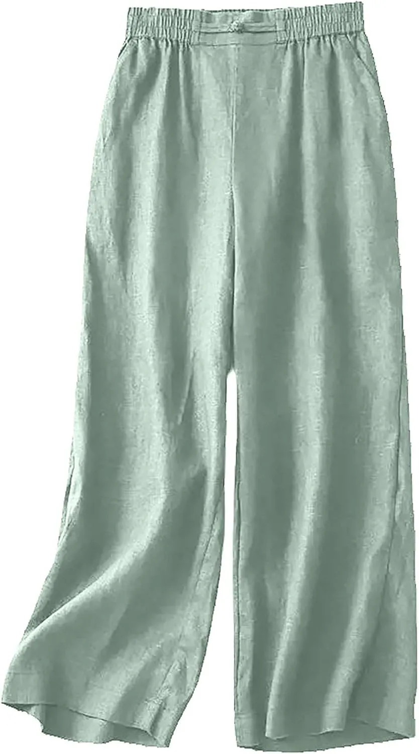 Summer Linen Pants for Women Casual Boho Palazzo Trousers Drawstring Waist Wide Leg Lightweight Summer Beach Outfit
