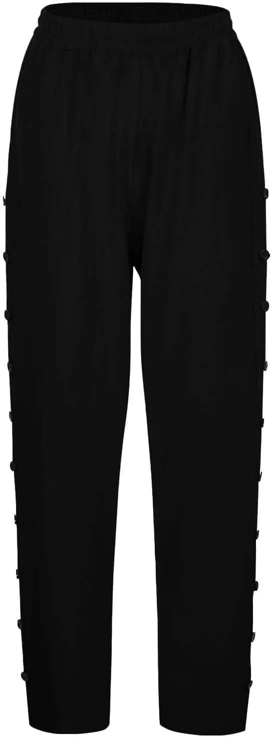 Summer Linen Straight Pants for Womens Striped Waisted Elastic Side Button Pant Casual Loose Trousers with Pocket