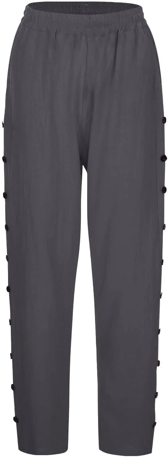 Summer Linen Straight Pants for Womens Striped Waisted Elastic Side Button Pant Casual Loose Trousers with Pocket