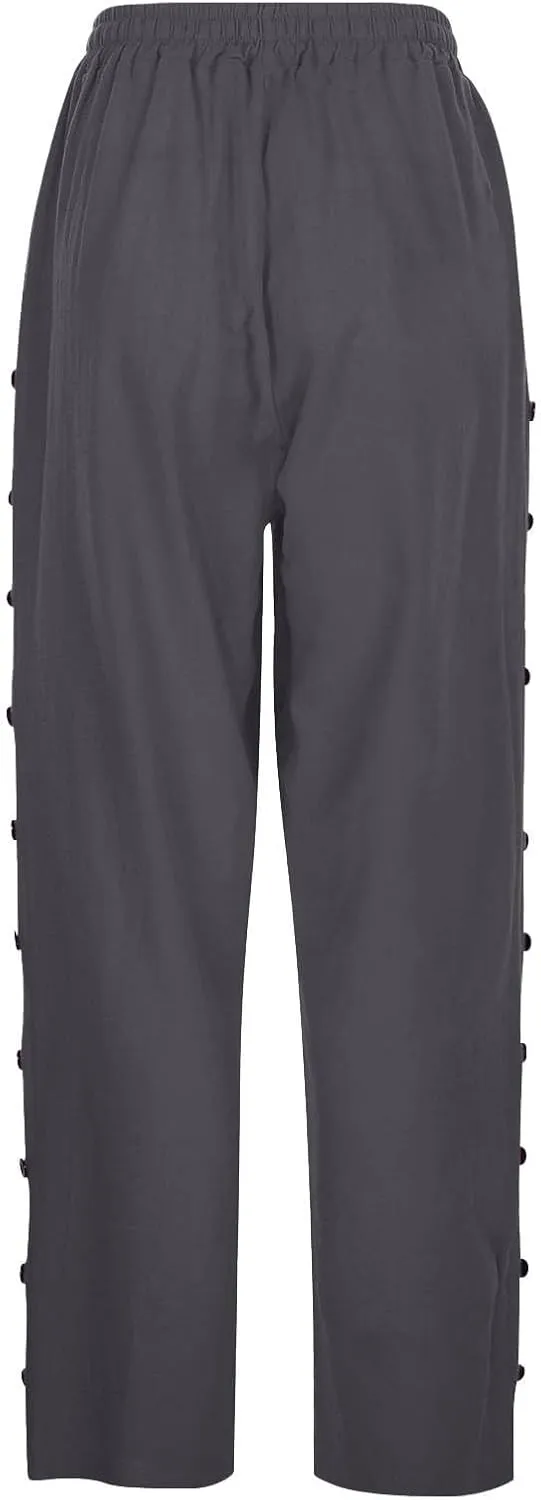 Summer Linen Straight Pants for Womens Striped Waisted Elastic Side Button Pant Casual Loose Trousers with Pocket