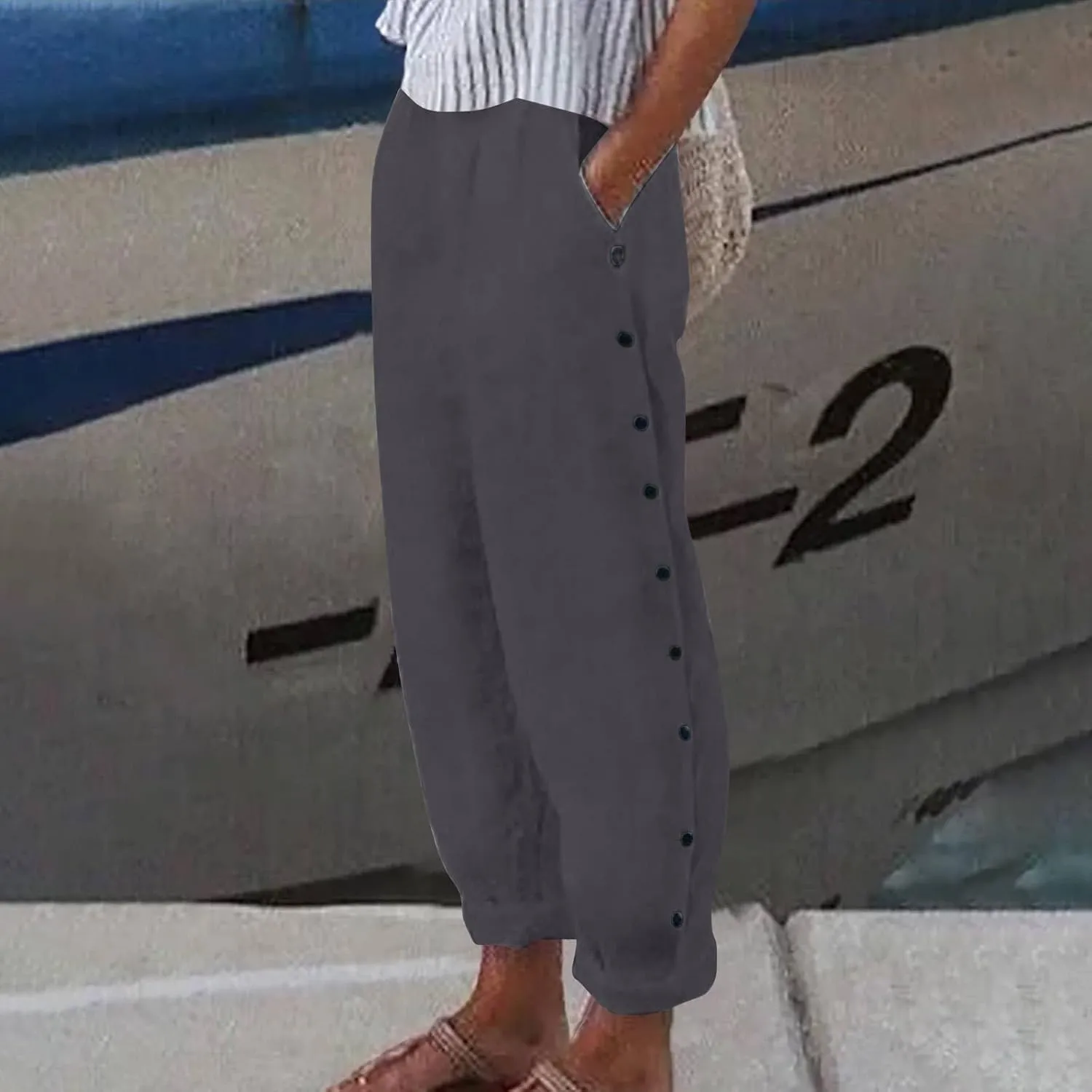 Summer Linen Straight Pants for Womens Striped Waisted Elastic Side Button Pant Casual Loose Trousers with Pocket
