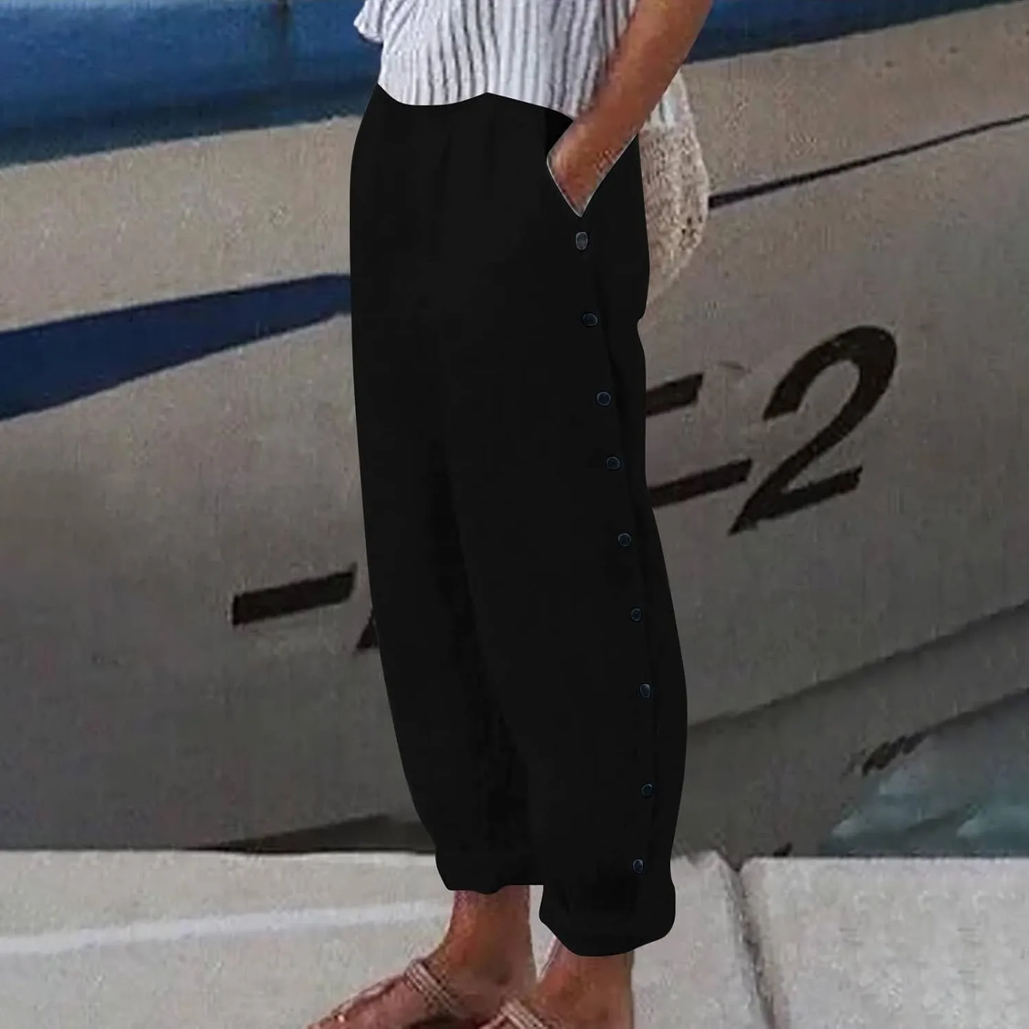 Summer Linen Straight Pants for Womens Striped Waisted Elastic Side Button Pant Casual Loose Trousers with Pocket