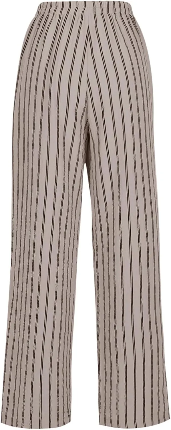 Summer Pants for Women 2024,Striped Wide Leg Loose Drawstring High Waist Palazzo Trousers Pants with Pockets