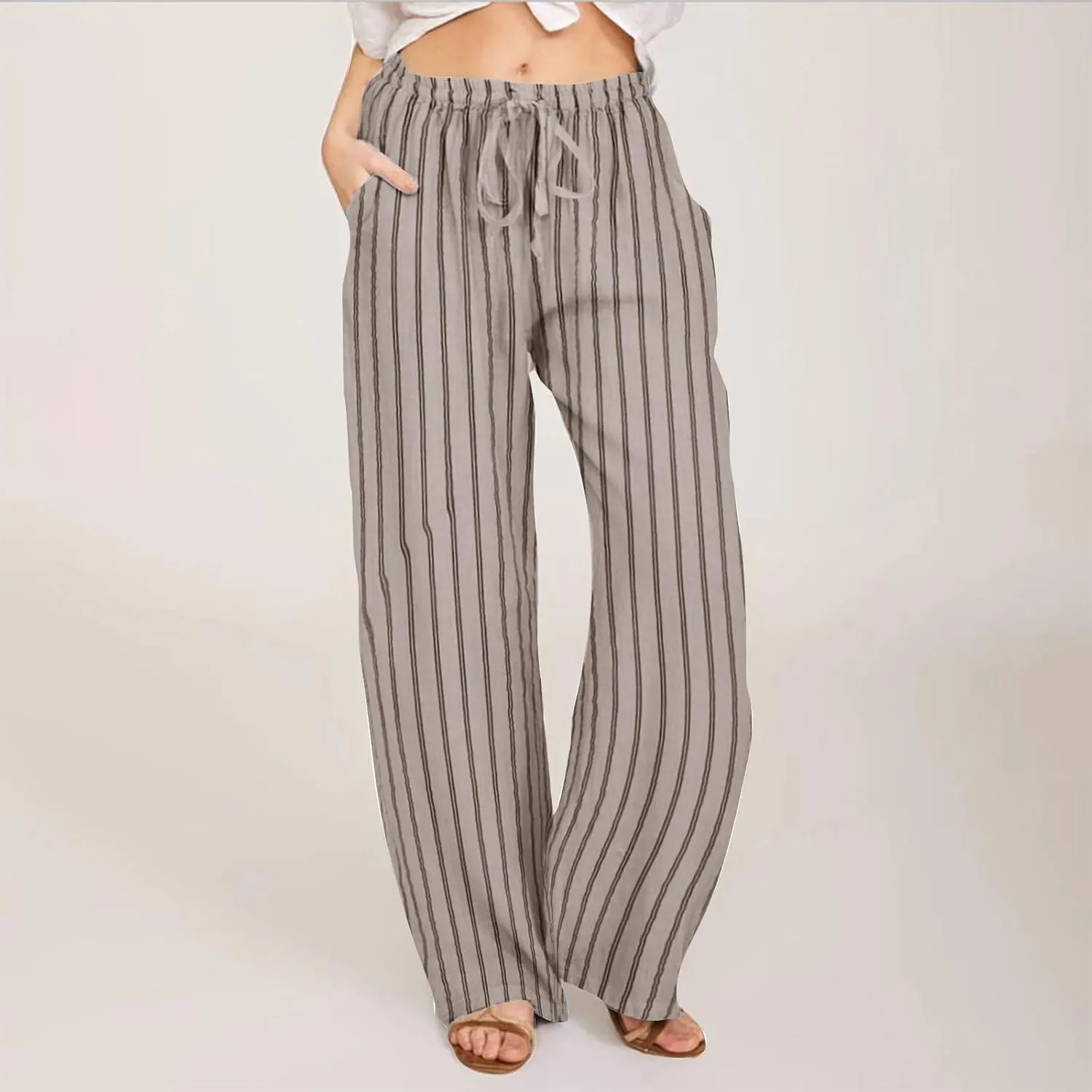 Summer Pants for Women 2024,Striped Wide Leg Loose Drawstring High Waist Palazzo Trousers Pants with Pockets