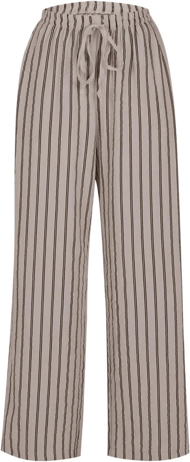 Summer Pants for Women 2024,Striped Wide Leg Loose Drawstring High Waist Palazzo Trousers Pants with Pockets