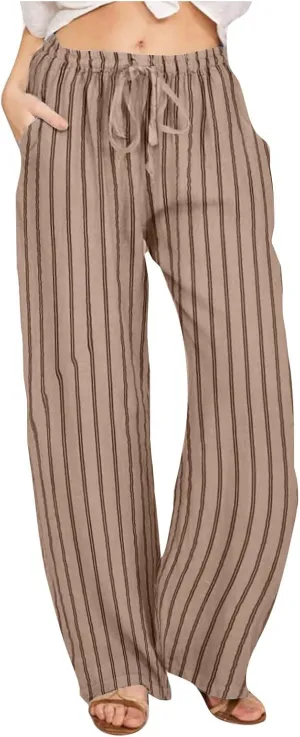 Summer Pants for Women 2024,Striped Wide Leg Loose Drawstring High Waist Palazzo Trousers Pants with Pockets