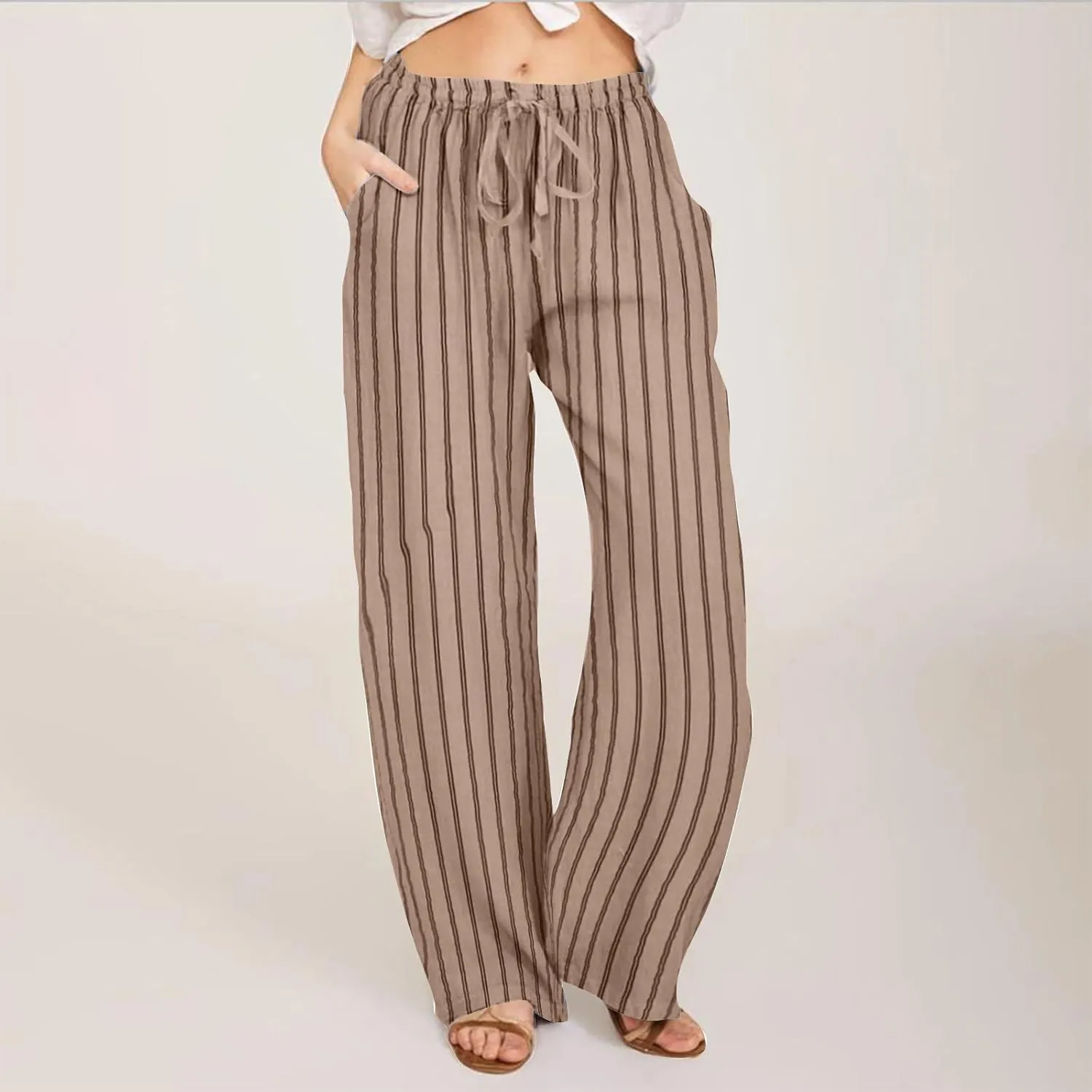 Summer Pants for Women 2024,Striped Wide Leg Loose Drawstring High Waist Palazzo Trousers Pants with Pockets