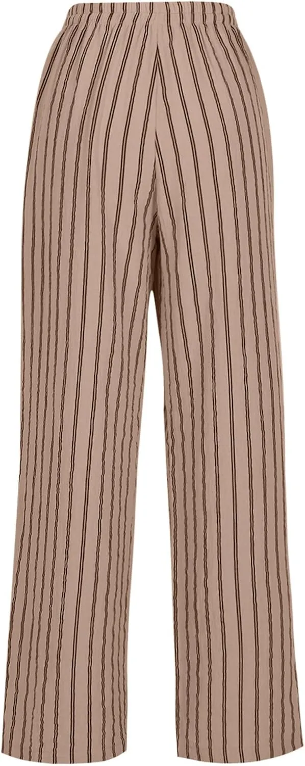 Summer Pants for Women 2024,Striped Wide Leg Loose Drawstring High Waist Palazzo Trousers Pants with Pockets