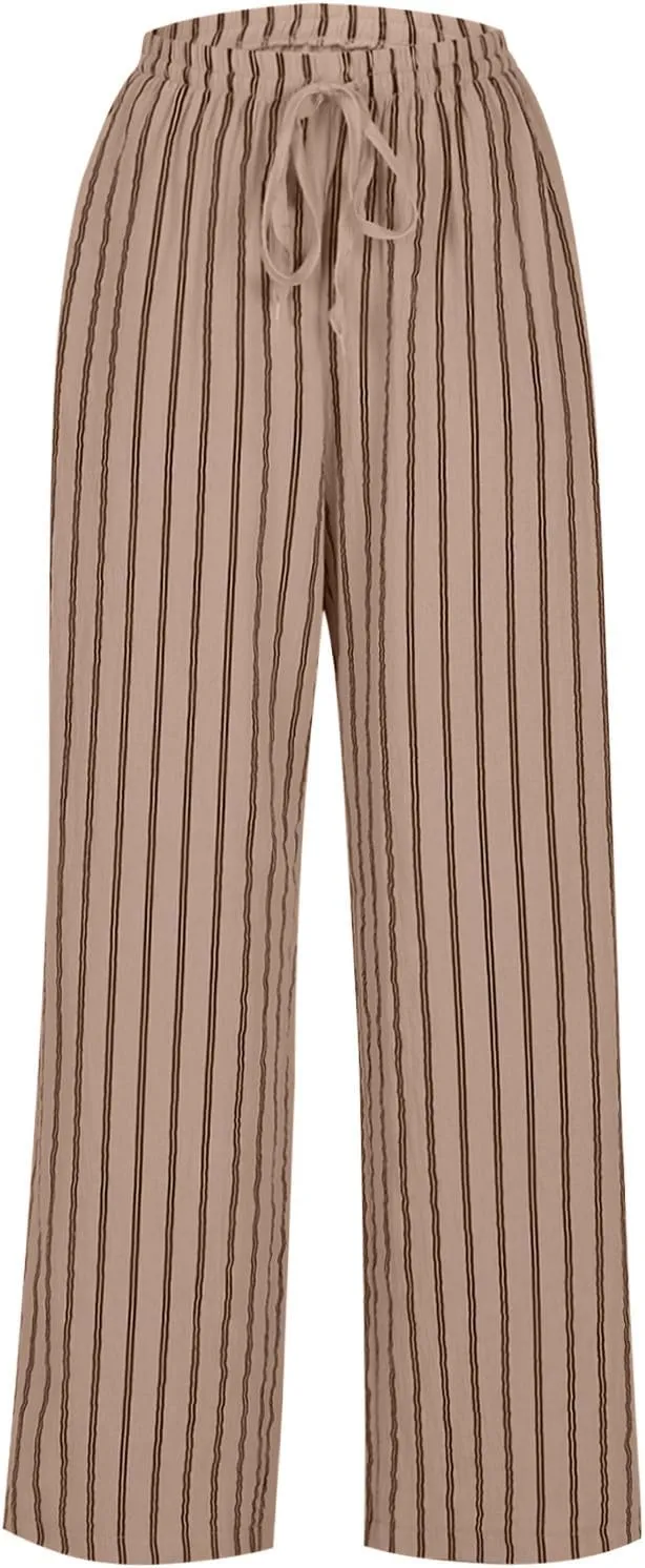 Summer Pants for Women 2024,Striped Wide Leg Loose Drawstring High Waist Palazzo Trousers Pants with Pockets