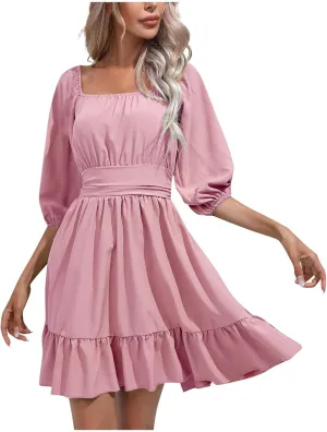 Summer Short Sleeve Boho Dress Casual Square Neck Sexy Mini Dress Elegant Formal Ruched Flowy A Line Ruffle Dress