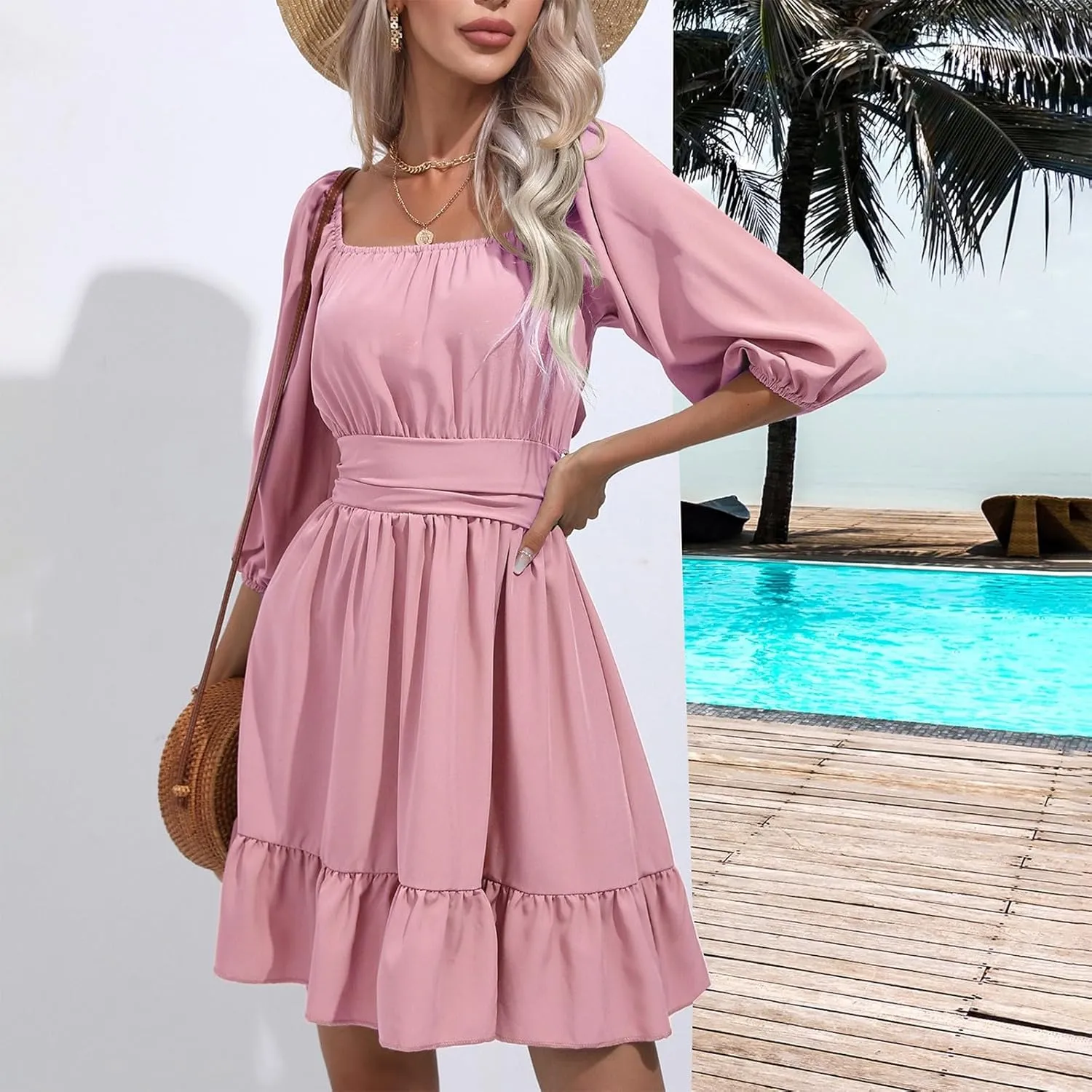 Summer Short Sleeve Boho Dress Casual Square Neck Sexy Mini Dress Elegant Formal Ruched Flowy A Line Ruffle Dress
