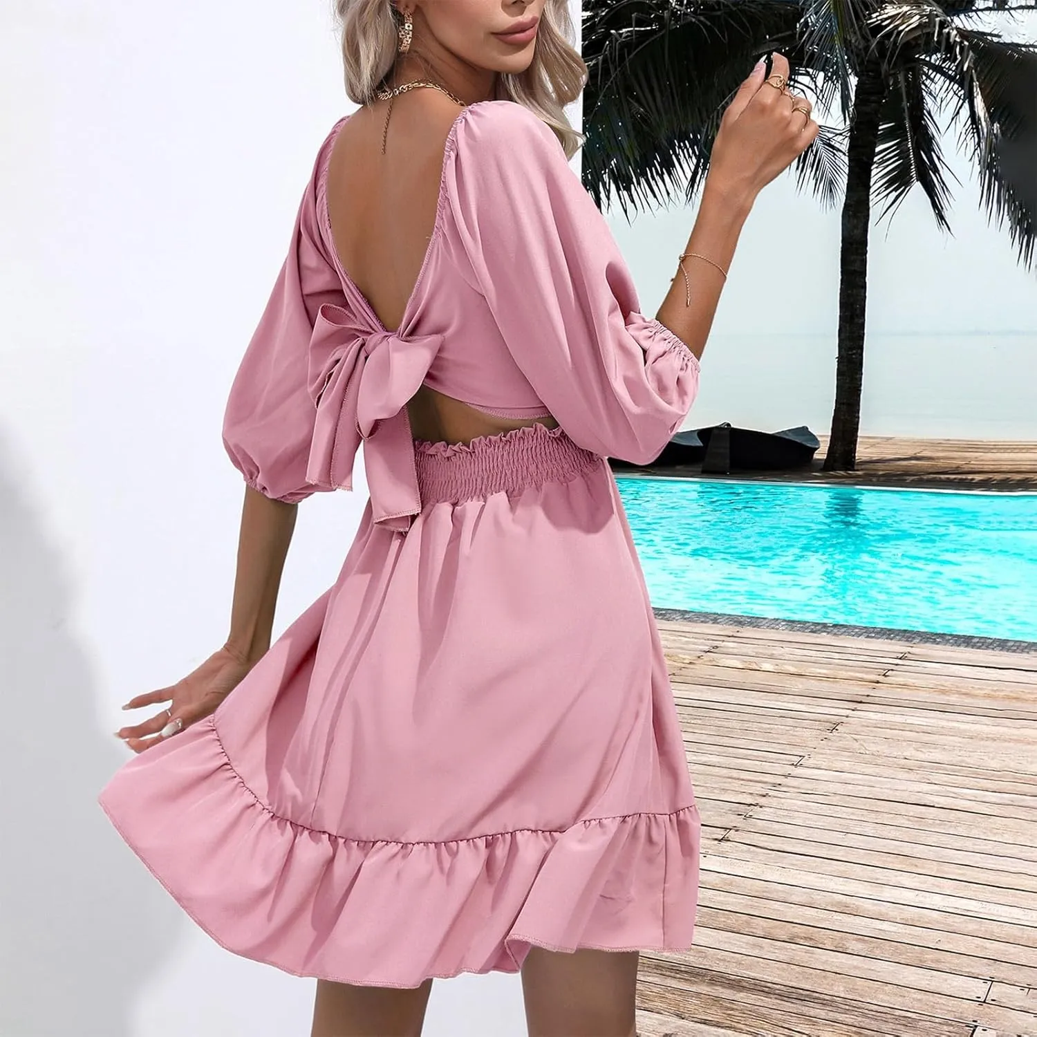 Summer Short Sleeve Boho Dress Casual Square Neck Sexy Mini Dress Elegant Formal Ruched Flowy A Line Ruffle Dress