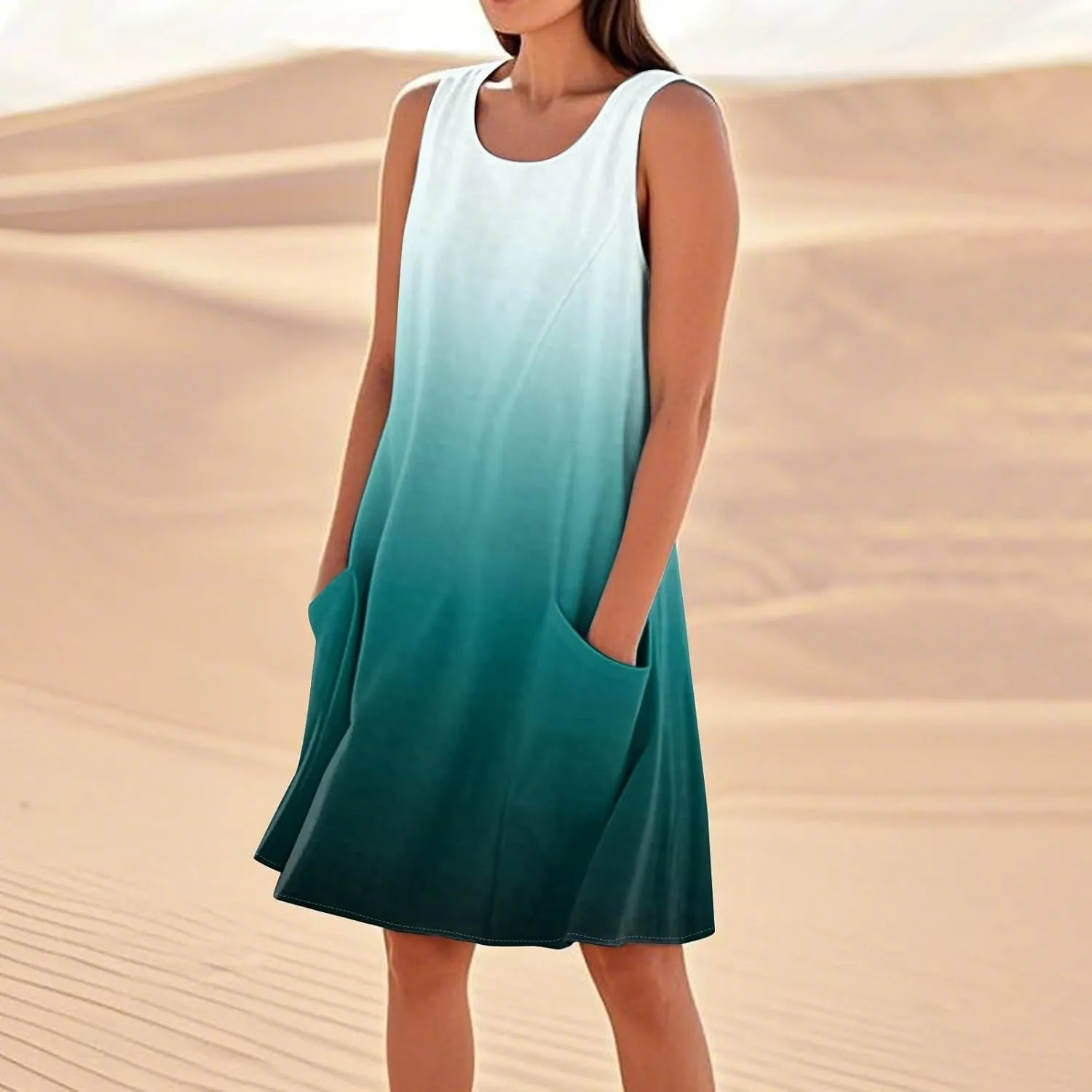 Summer Sleeveless Dresses for Women Loose Fit Beach Vacation Tank Dress Casual Flowy Midi Sundresses with Pockets