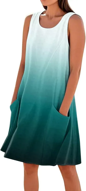 Summer Sleeveless Dresses for Women Loose Fit Beach Vacation Tank Dress Casual Flowy Midi Sundresses with Pockets