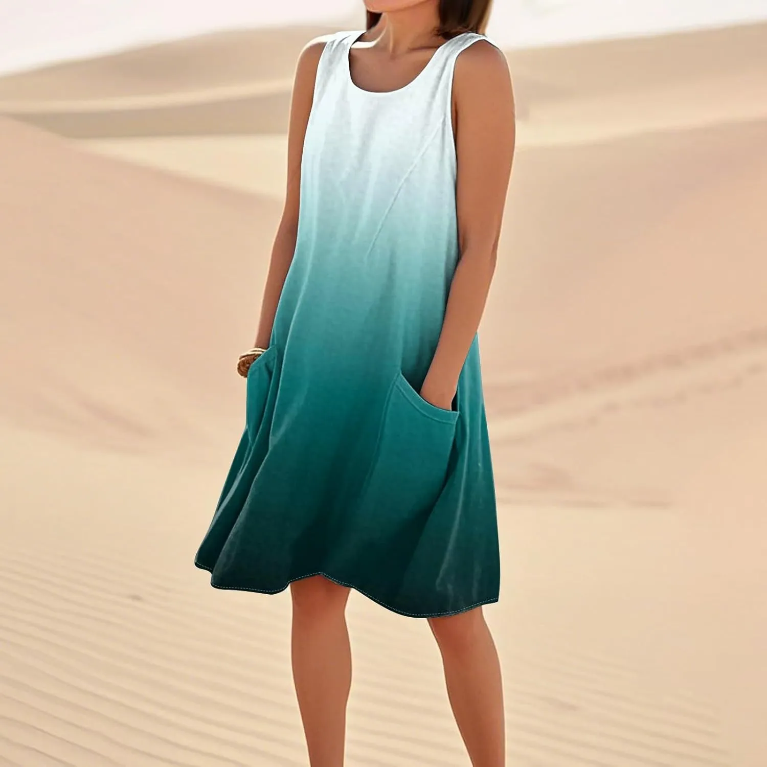 Summer Sleeveless Dresses for Women Loose Fit Beach Vacation Tank Dress Casual Flowy Midi Sundresses with Pockets