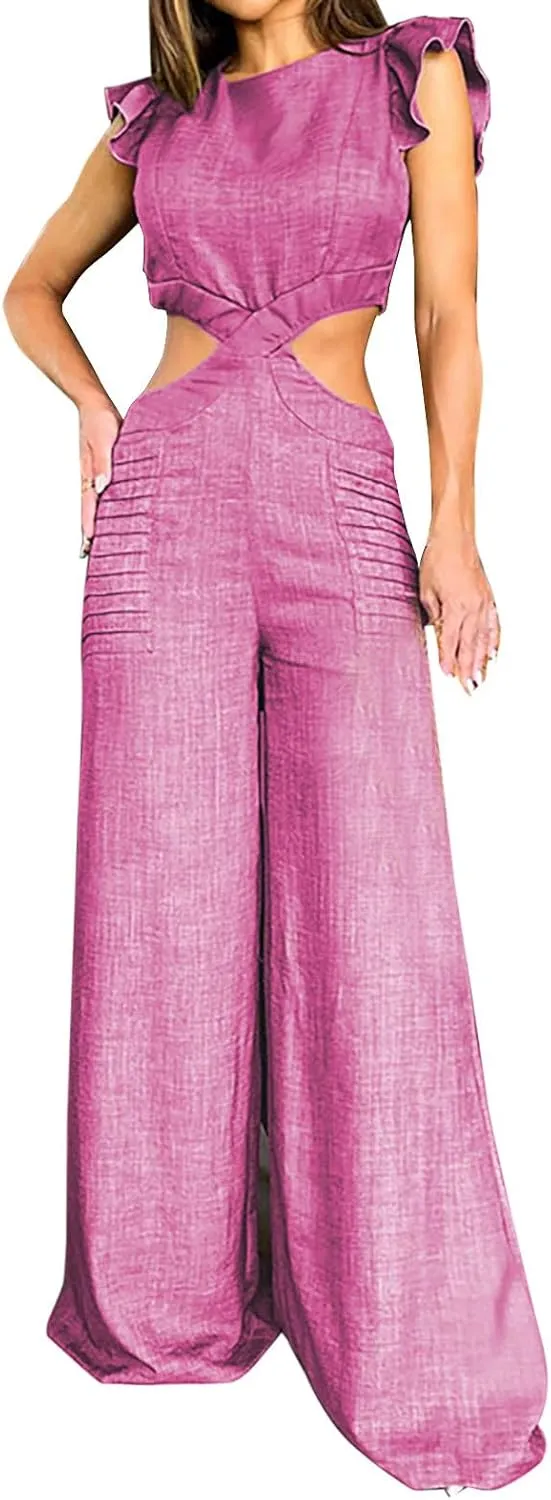 Summer Trendy Jumpsuits for Women Round Neck Ruffled Sleeve Hollow Out Waist Wide Leg Baggy Pants Jumpsuit Beach Party Romper