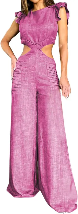 Summer Trendy Jumpsuits for Women Round Neck Ruffled Sleeve Hollow Out Waist Wide Leg Baggy Pants Jumpsuit Beach Party Romper