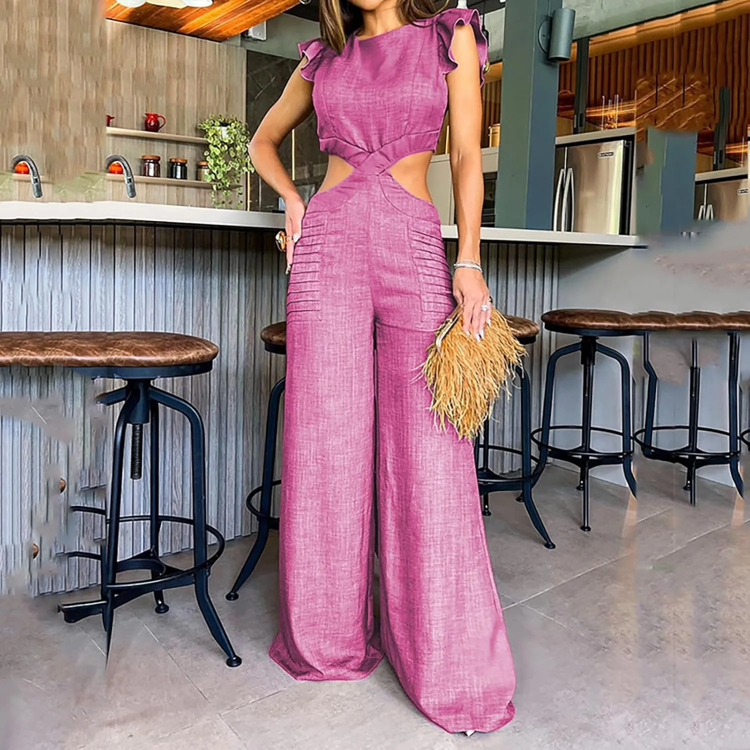 Summer Trendy Jumpsuits for Women Round Neck Ruffled Sleeve Hollow Out Waist Wide Leg Baggy Pants Jumpsuit Beach Party Romper