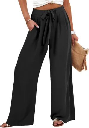 Summer Wide Leg Linen Pants for Women with Pockets High Waisted Tie Knot Beach Palazzo Pants Casual Lounge Trousers