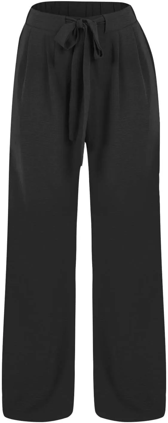Summer Wide Leg Linen Pants for Women with Pockets High Waisted Tie Knot Beach Palazzo Pants Casual Lounge Trousers